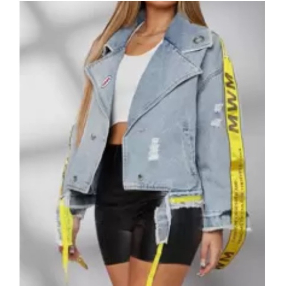 Letter Tape Raw Edge Denim Jacket NWOT